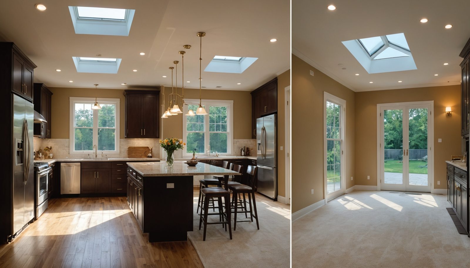A before-and-after transformation showing how a new skylight brings bright natural light into a previously dark room