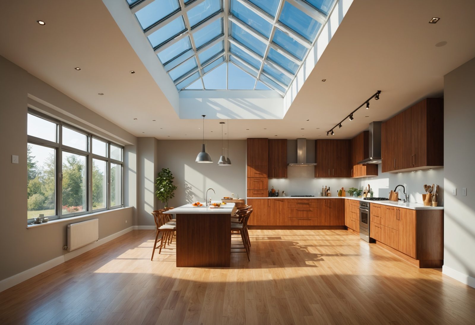 A bright room interior filled with natural light streaming through a ceiling skylight