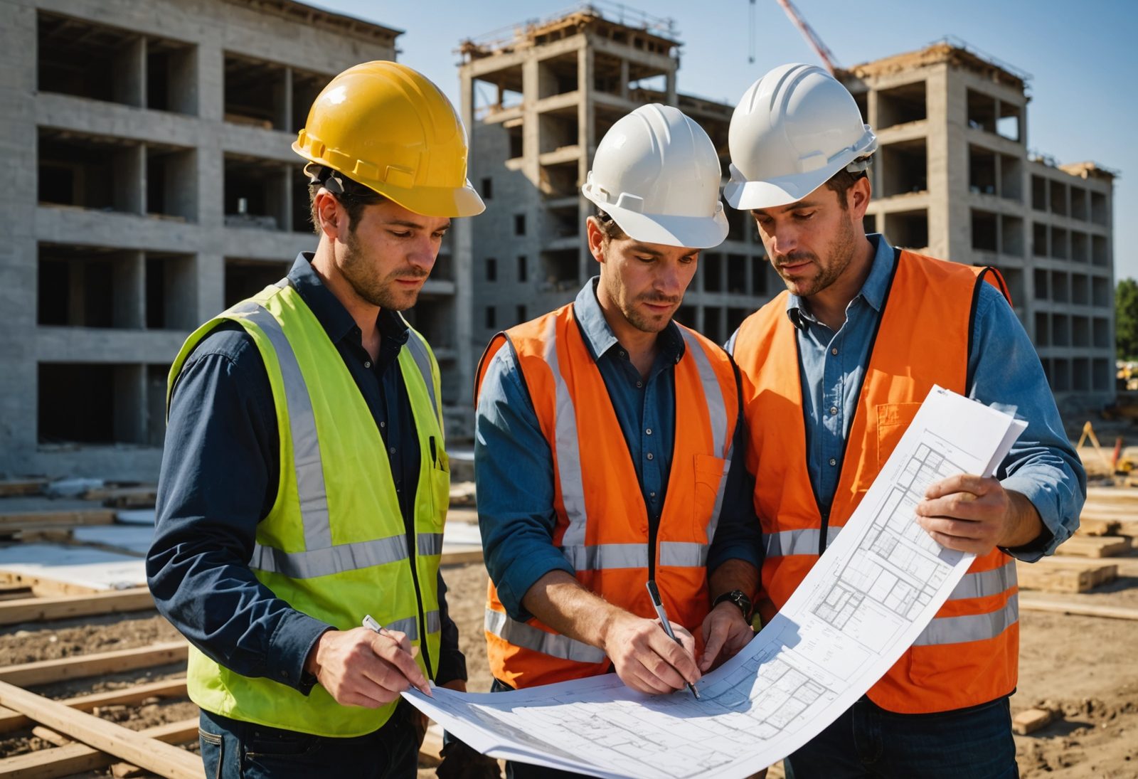 Contractors reviewing installation plans and materials at a job site