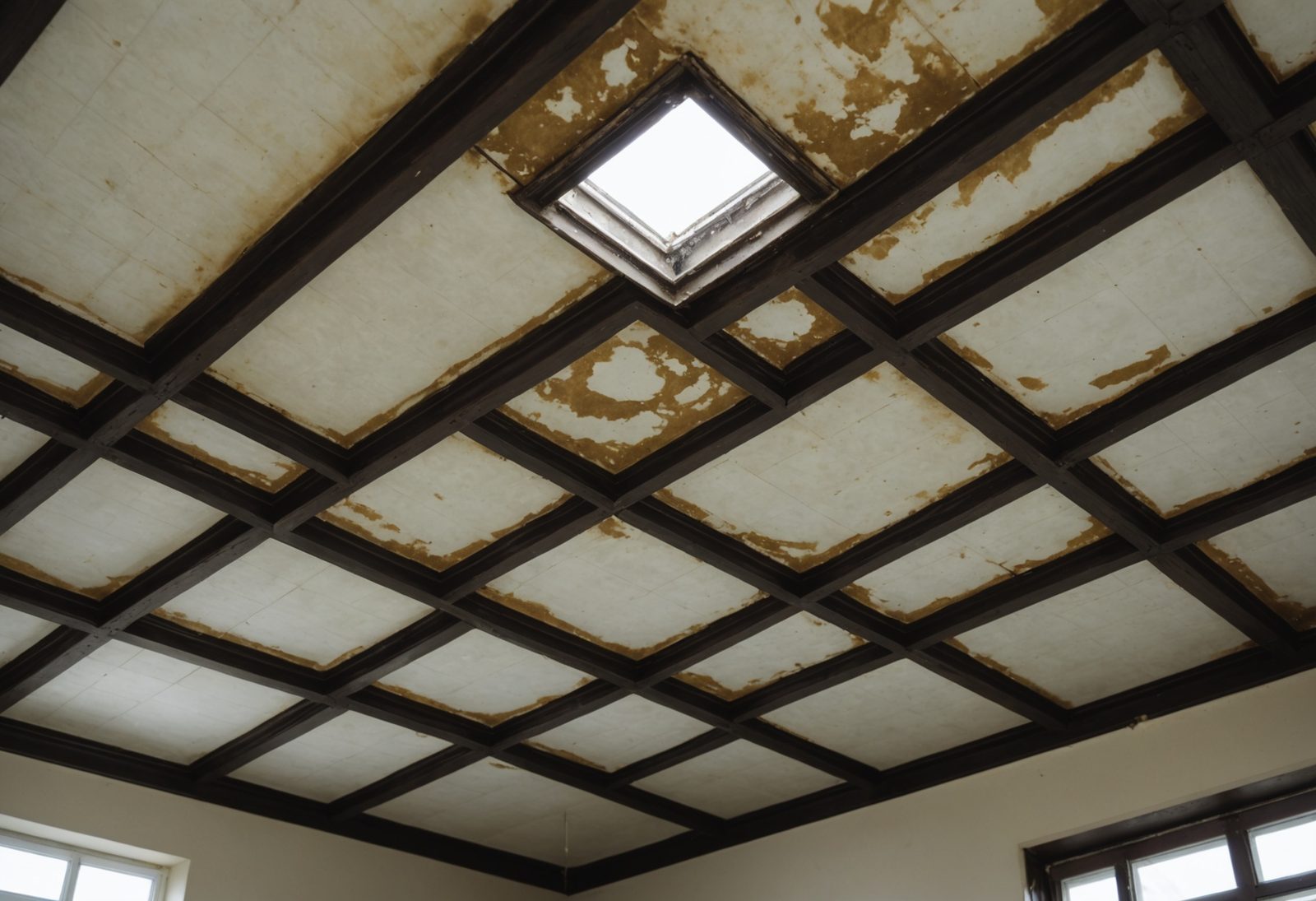 An AI-generated example of a water-stained ceiling patch around an old skylight awaiting replacement, showing the visible damage that repair cannot address