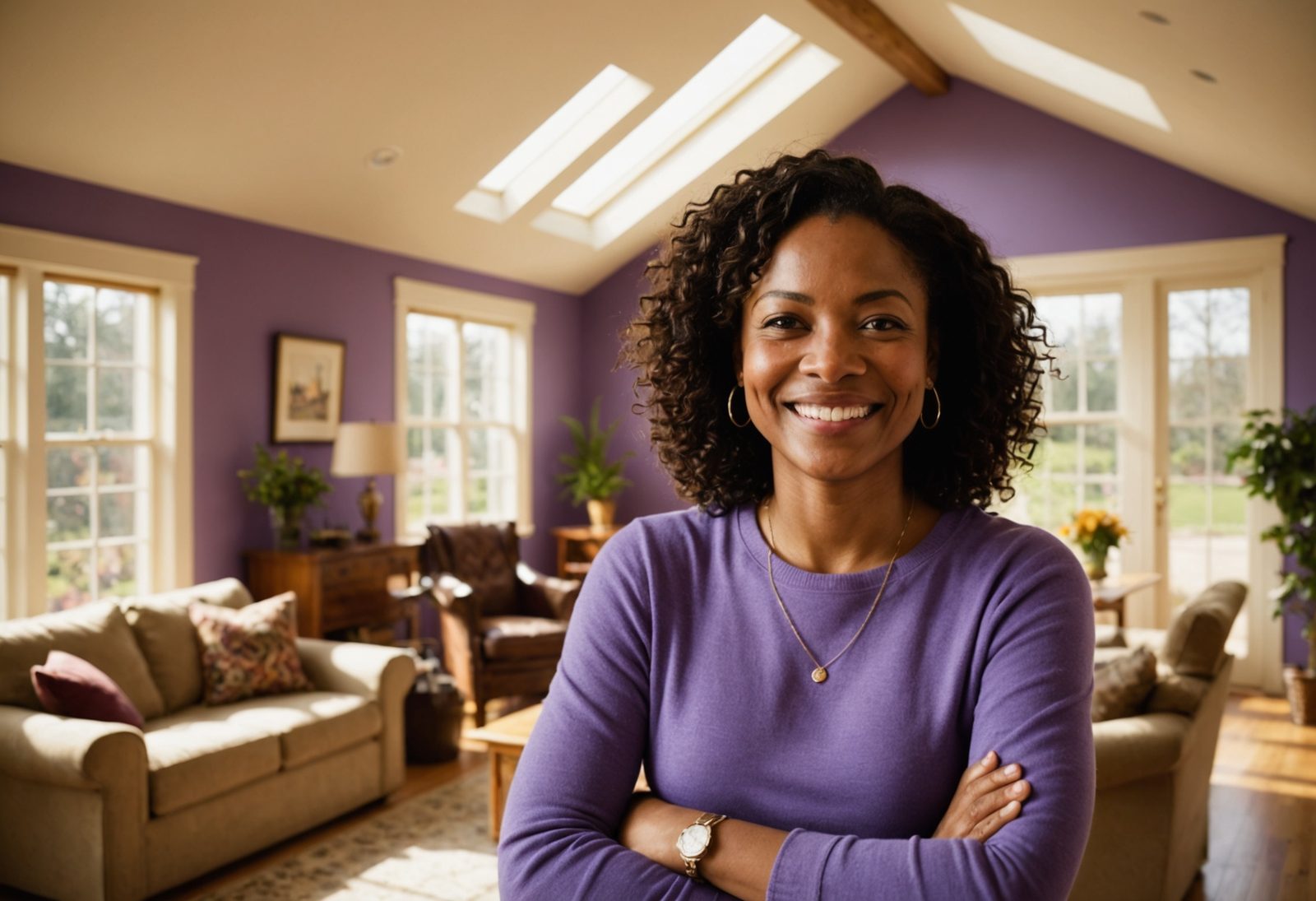 Homeowner satisfied in a bright room appreciating the natural light
