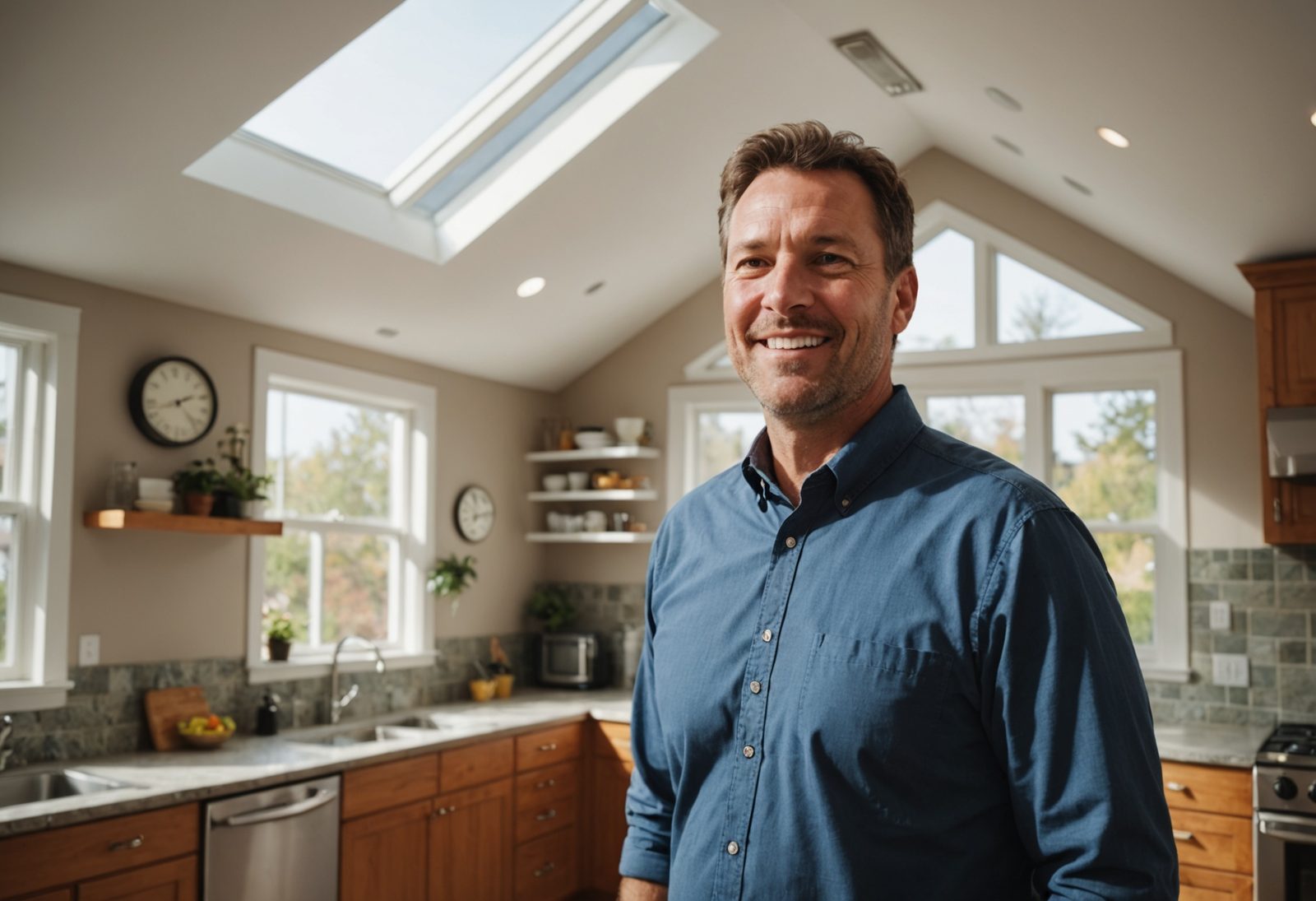 Homeowner standing in a sunlit room appreciating natural light from a new skylight installation