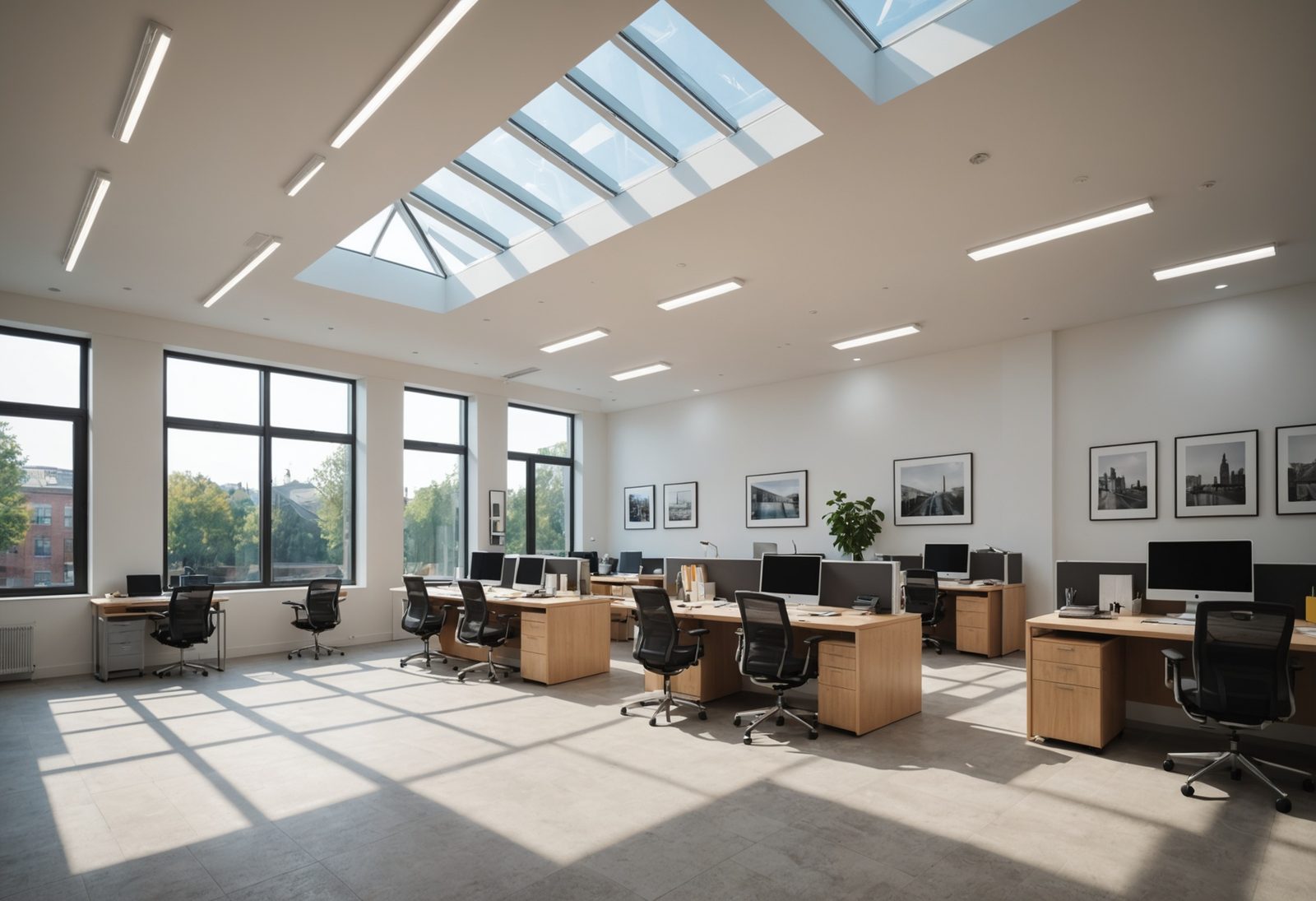 An interior office space illuminated by skylights installed overhead