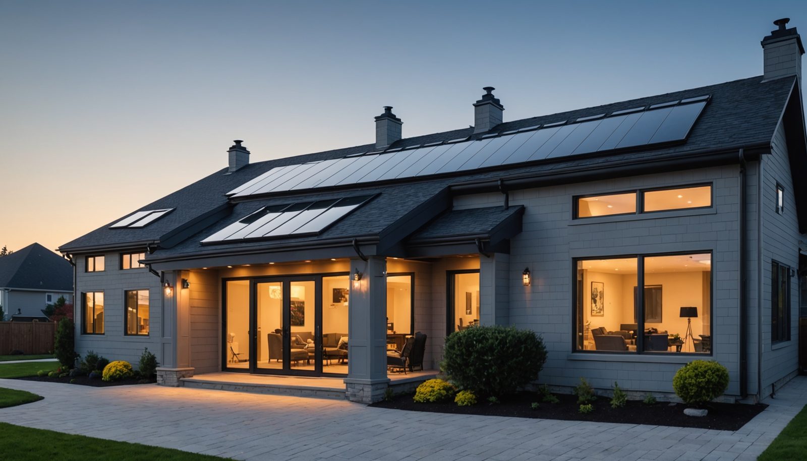 A residential roofline showing several skylights in different installation conditions