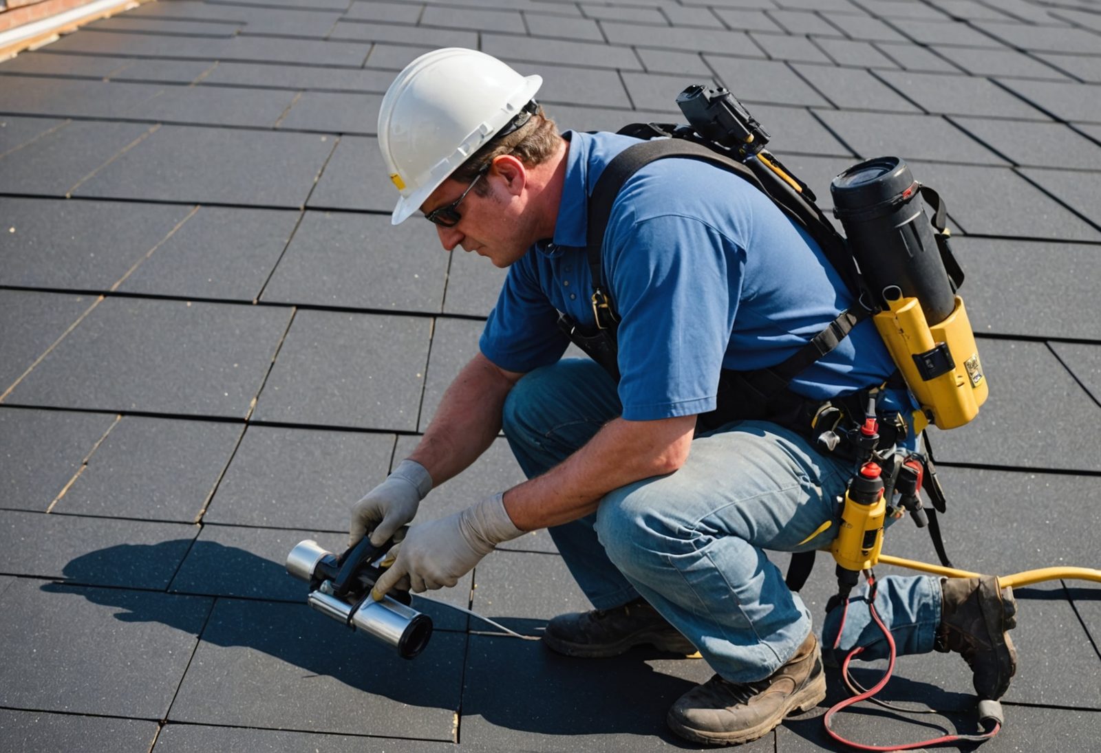 Roofer applying sealant to skylight flashing on an asphalt-shingle roof