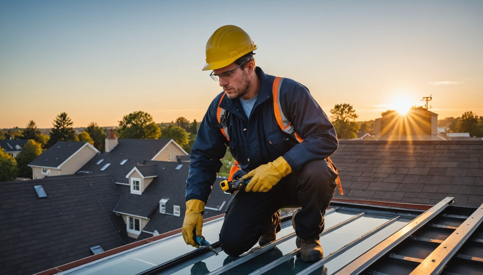 Professional technician with tools inspecting a skylight frame on a residential roof