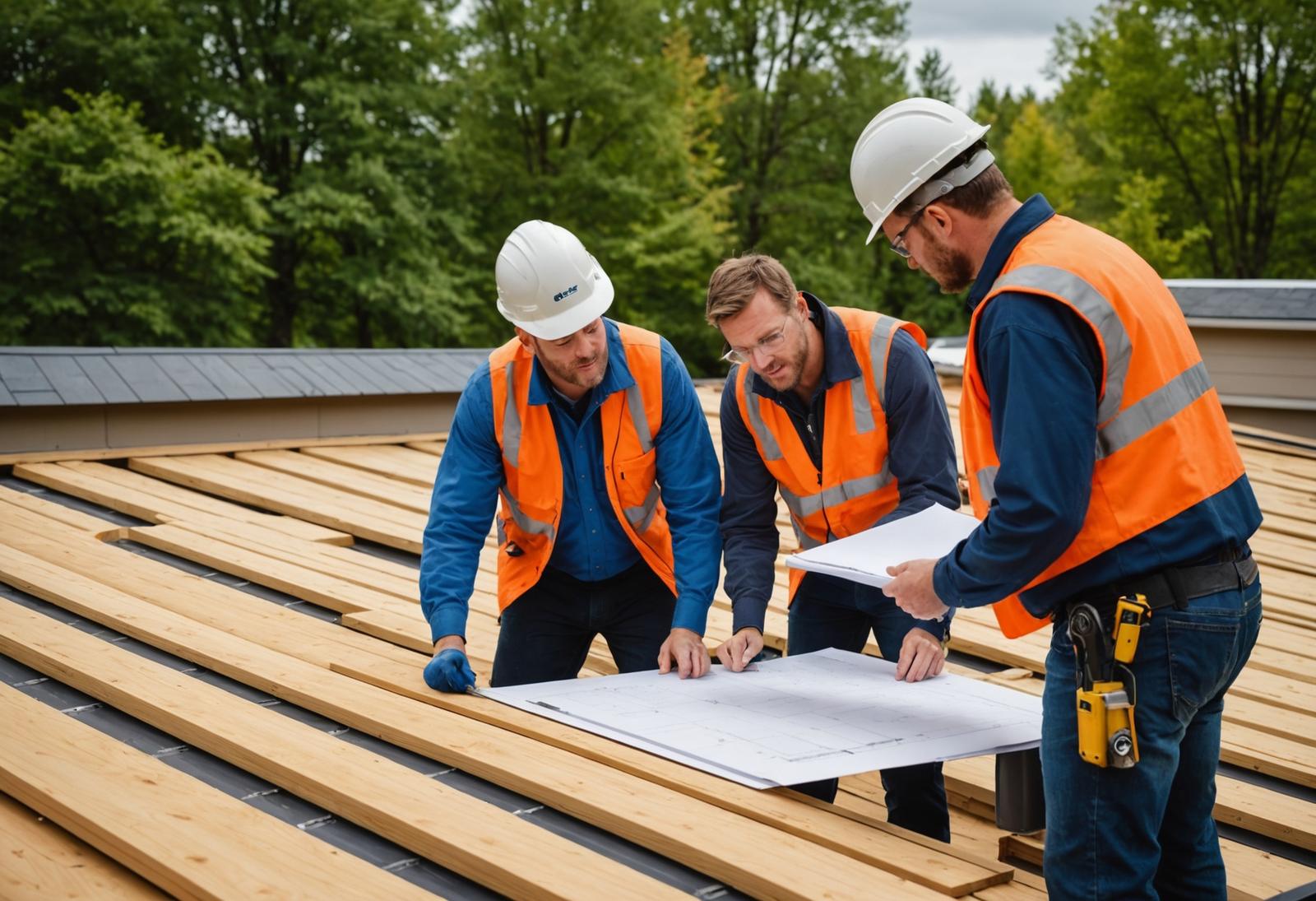 Two professional contractors in work gear reviewing installation plans and collaborating at a residential job site