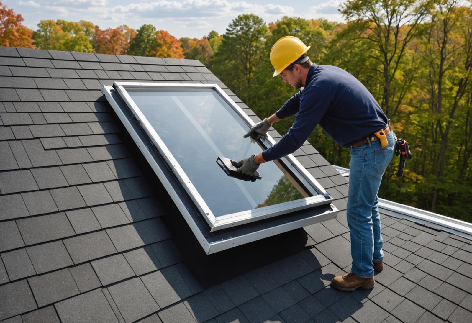 Worker lowering a skylight unit into a roof opening during installation